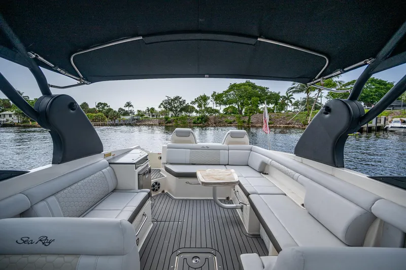 Slide: The Image of Luxurious 2022 Sea Ray SDX 290 boat interior with spacious seating and elegant design. - 10