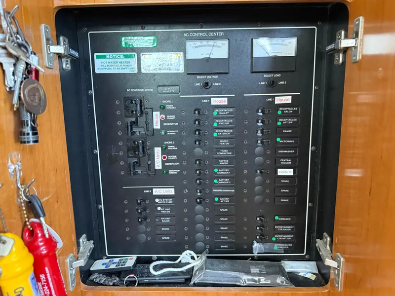 Slide: The Image of Electrical control panel on a 2001 Carver 396 Motor Yacht, featuring various switches and meters. - 58