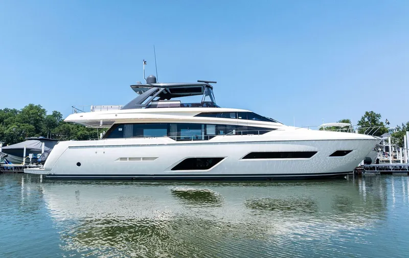 Slide: The Image of 2018 Ferretti Yachts 780 on calm water, showcasing sleek design and luxury features. - 0