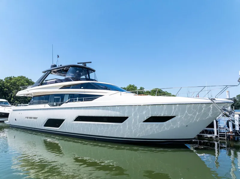 Slide: The Image of 2018 Ferretti Yachts 780 luxury yacht docked on a sunny day. - 1