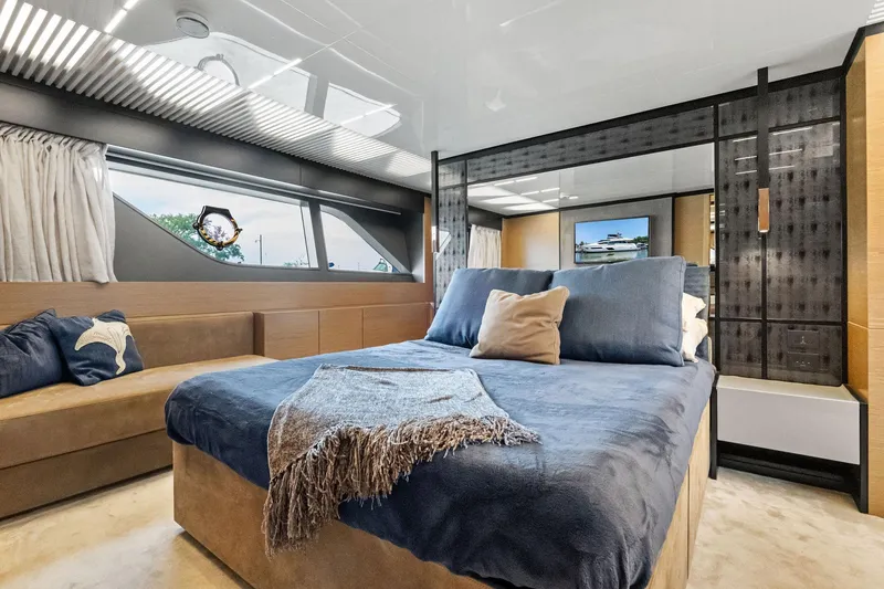 Slide: The Image of Luxurious bedroom interior of 2018 Ferretti Yachts 780, featuring modern design and comfortable furnishings. - 48