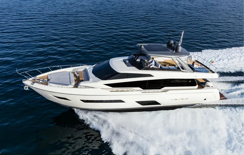 Slide: The Image of 2018 Ferretti Yachts 780 cruising on open water, showcasing luxury and sleek design. - 8