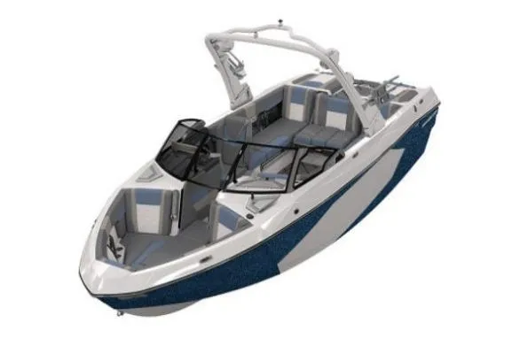 Slide: The Image of 2025 Malibu Wakesetter 23 LSV boat, modern design, blue and white color scheme. - 33