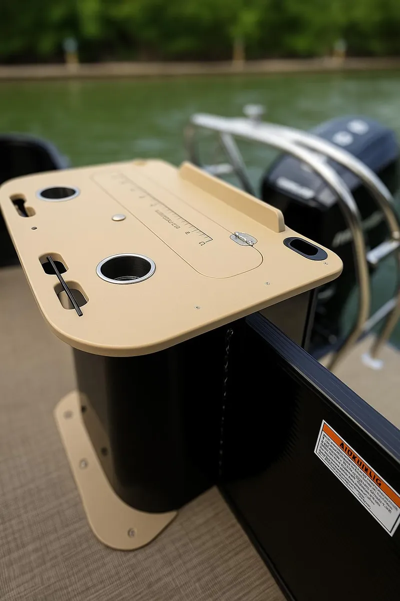 Slide: The Image of 2025 Smoker Craft EXS-3 FD boat with beige table and cup holders on deck. - 3
