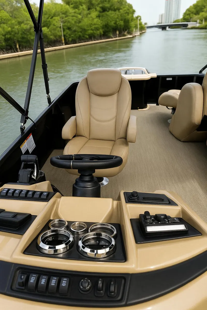 Slide: The Image of 2025 Smoker Craft EXS-3 FD boat interior with beige seating and control panel on a scenic waterway. - 4