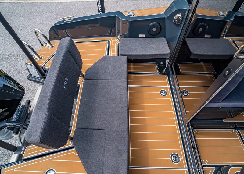 Slide: The Image of 2023 XO Boats EXPLR 9 interior with sleek seating and modern design. - 25