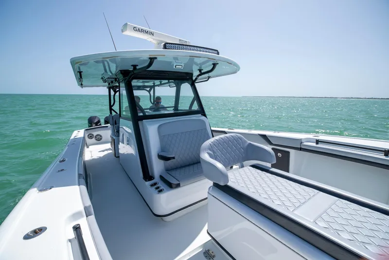 Slide: The Image of 2022 Yellowfin 39 boat on open water, featuring sleek design and modern amenities. - 34