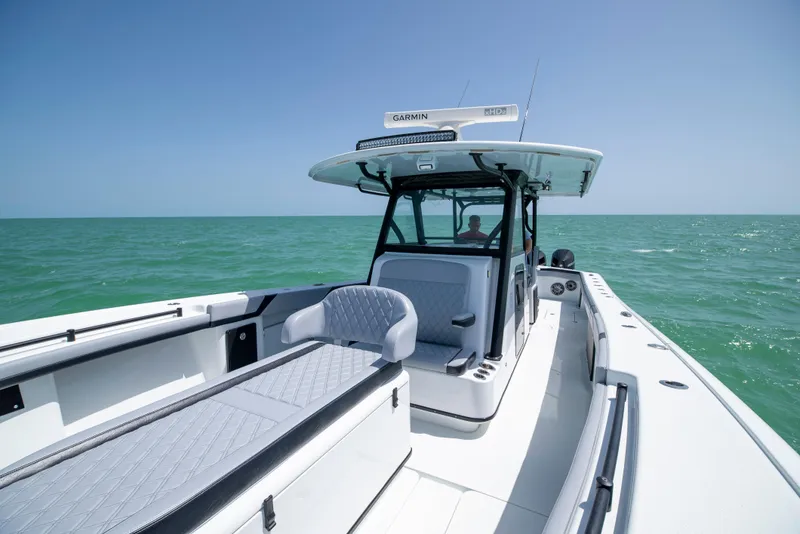 Slide: The Image of 2022 Yellowfin 39 boat on open sea, featuring sleek design and modern amenities. - 35