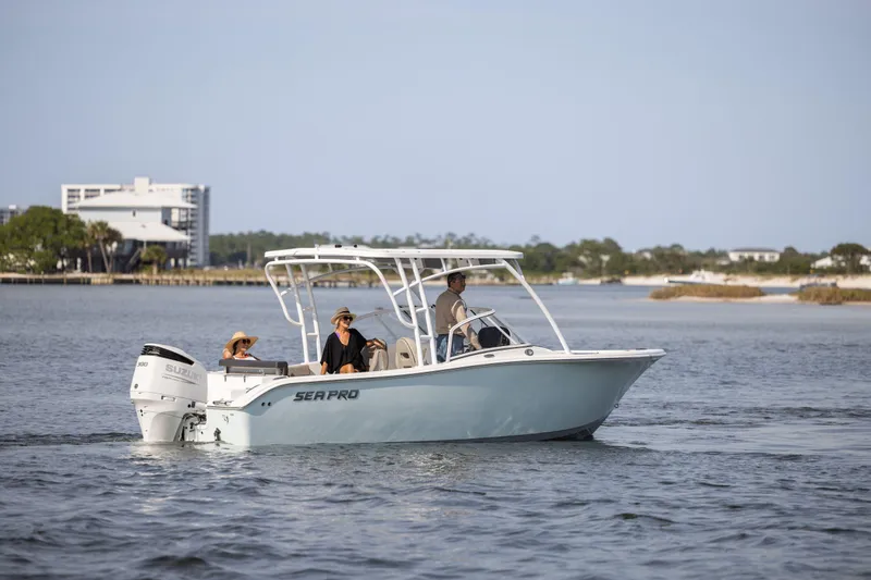 Slide: The Image of 2025 Sea Pro 240 Dual Console boat cruising on a calm waterway. - 6