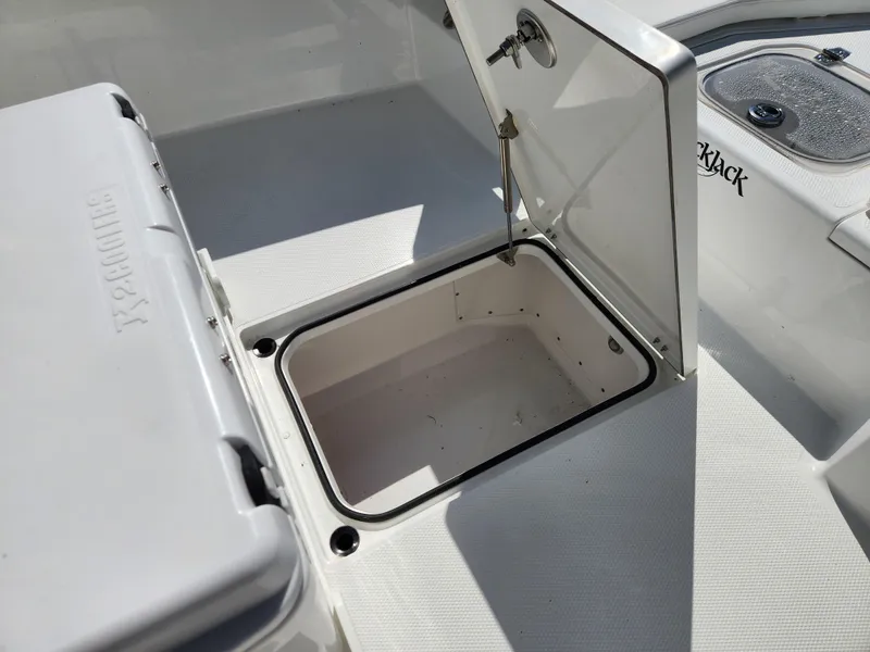 Slide: The Image of Open storage compartment on 2025 BlackJack 256 Coastal boat deck. - 14
