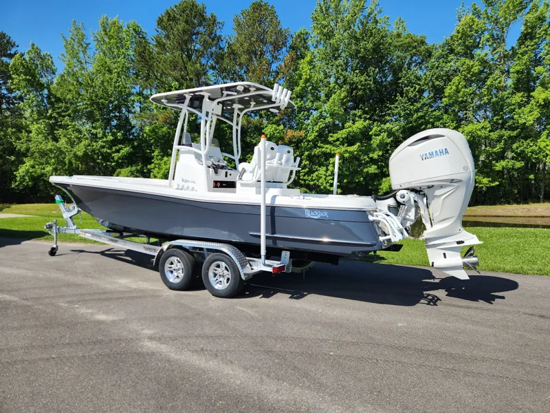 Slide: The Image of 2025 BlackJack 256 Coastal boat on trailer, parked outdoors with lush green trees. - 2