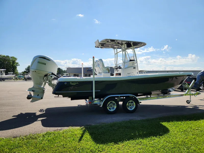 Slide: The Image of 2025 BlackJack 256 Coastal boat on trailer, parked outdoors under clear sky. - 5
