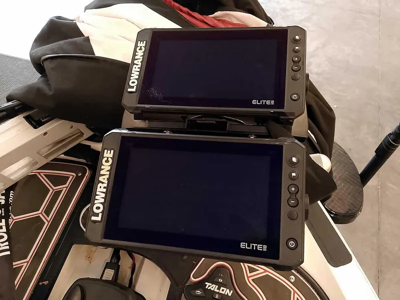 Slide: The Image of Two Lowrance Elite fish finders on a 2021 Ranger Z519 SC boat. - 23