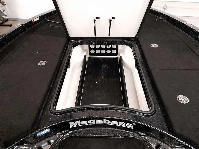 Slide: The Image of 2020 Ranger Z520L Comanche DC boat with open storage compartment, Megabass branding visible. - 16