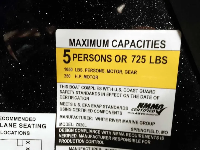 Slide: The Image of 2020 Ranger Z520L Comanche DC capacity label: 5 persons or 725 lbs, 250 HP motor. - 26