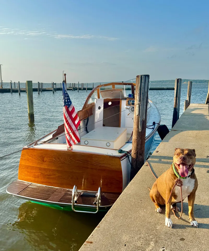 Slide: The Image of Dog sitting by 2008 Custom Eldred Cooper 30 Downeast boat at dock, with American flag. - 10