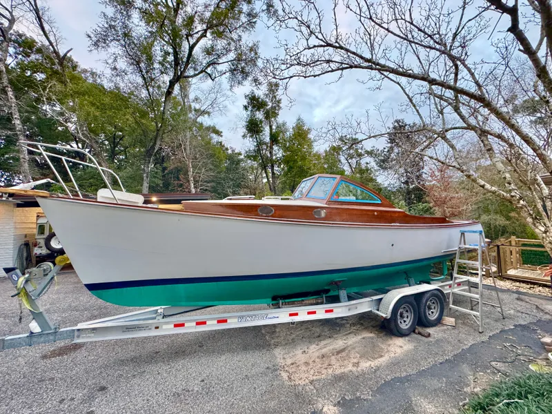 Slide: The Image of Custom Eldred Cooper 30 Downeast boat on trailer, 2008 model, parked outdoors. - 11