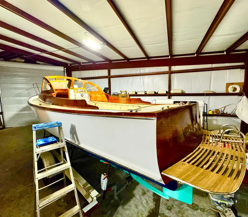 Slide: The Image of Custom Eldred Cooper 30 Downeast boat, 2008 model, in a storage facility. - 23