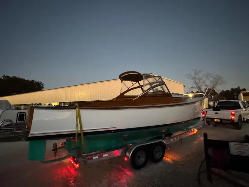 Slide: The Image of 2008 Custom Eldred Cooper 30 Downeast boat on trailer at dusk. - 24