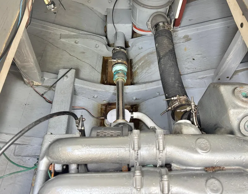 Slide: The Image of Engine compartment of 2008 Custom Eldred Cooper 30 Downeast boat, showing mechanical components. - 25