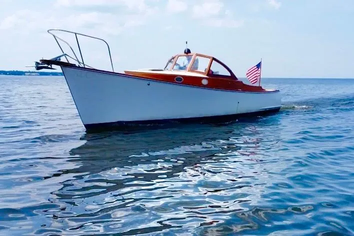Slide: The Image of Custom Eldred Cooper 30 Downeast boat, 2008 model, cruising on calm ocean waters. - 6