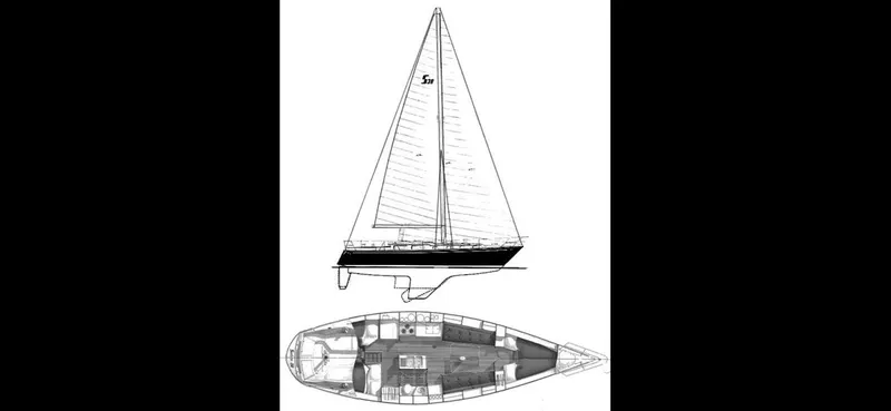 Slide: The Image of Blueprint of 1983 Sabre 38 sailboat, showing side and top views. - 39