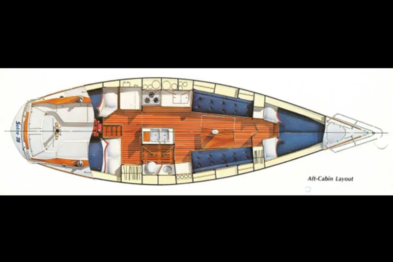 Slide: The Image of 1983 Sabre 38 sailboat interior layout with aft-cabin, kitchen, and seating areas. - 40