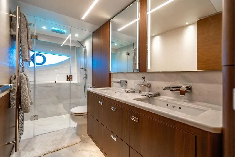 Slide: The Image of Luxurious bathroom in 2021 Princess S78 yacht with dual sinks and modern shower. - 43