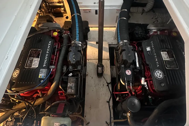 Slide: The Image of Engine compartment of 2009 Cruisers Yachts 360 Express with dual Volvo Penta engines. - 34