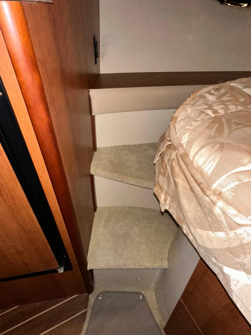 Slide: The Image of Interior of 2009 Cruisers Yachts 360 Express with carpeted steps and bed. - 42
