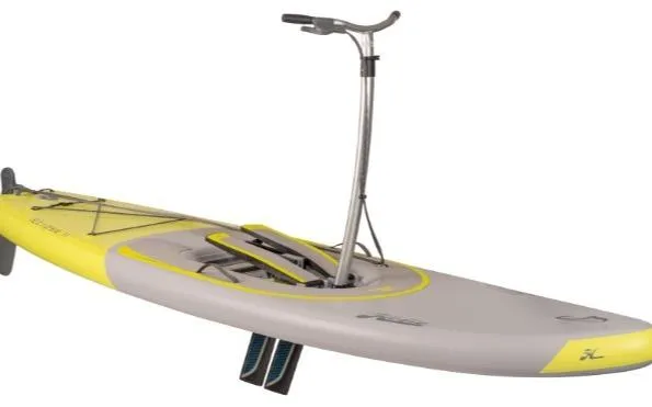 The Image of 2025 Hobie iEclipse pedalboard with handlebars, featuring a sleek yellow and gray design. - 1