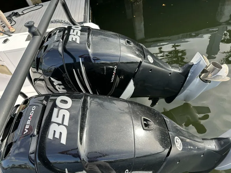 Slide: The Image of Twin Mercury Verado 350 engines on a 2022 Axopar 37 XC CROSS CABIN boat. - 5