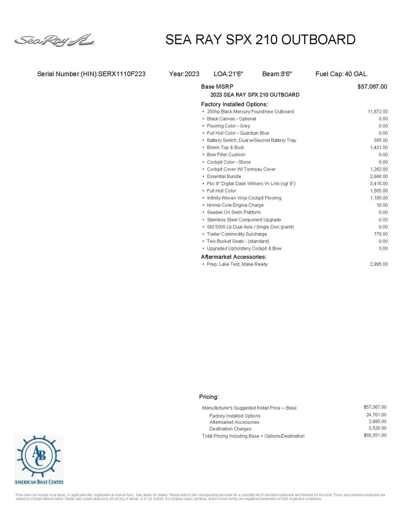 Slide: The Image of 2023 Sea Ray SPX 210 OB specifications and pricing details document. - 15