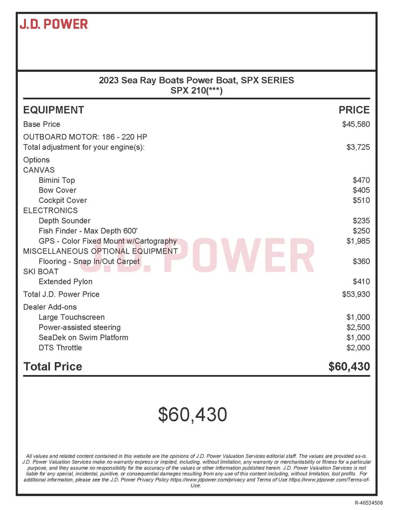 Slide: The Image of 2023 Sea Ray SPX 210 OB price list with equipment and options, totaling $60,430. - 16