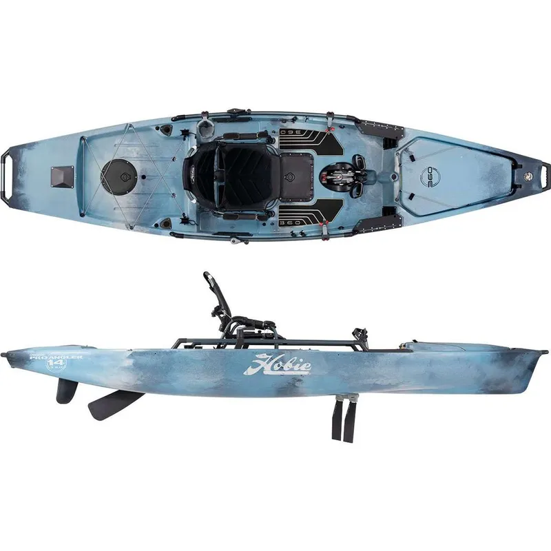 The Image of 2025 Hobie PRO ANGLER 14 360 kayak, top and side view, blue design. - 1