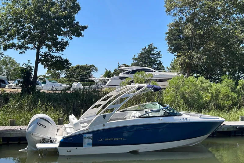 The Image of 2026 Regal LX4 boat docked by lush greenery and clear blue sky. - 0