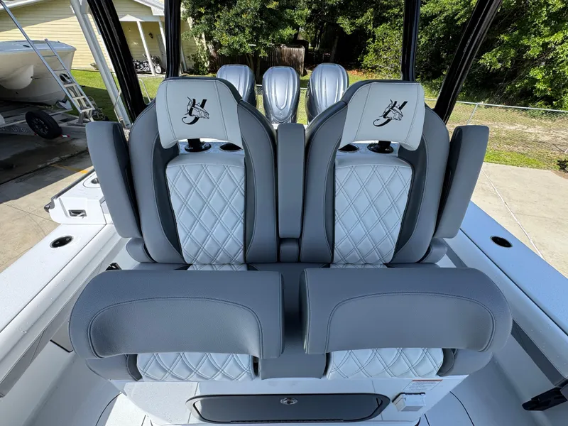 Slide: The Image of 2026 Yellowfin 36 Offshore boat seats with diamond stitching and embroidered logos. - 29