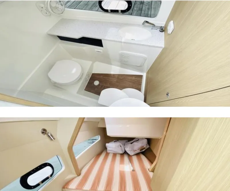 Slide: The Image of 2022 Aquila 32 Sport interior featuring a compact bathroom and cozy sleeping area. - 14