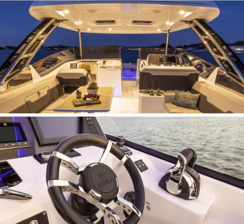 Slide: The Image of 2022 Aquila 32 Sport yacht interior and helm, featuring luxurious seating and modern controls. - 3