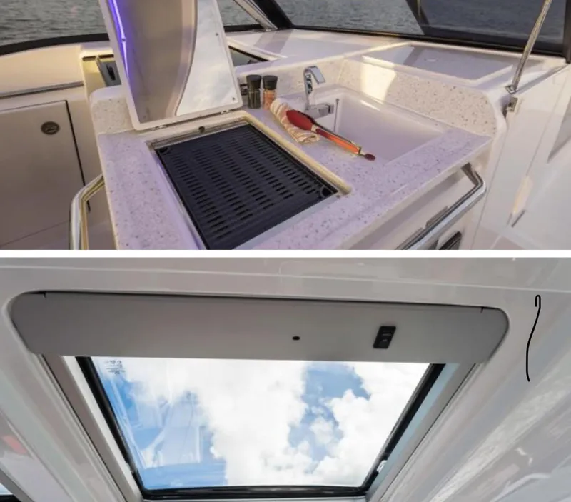 Slide: The Image of Aquila 32 Sport 2022 yacht interior with kitchenette and skylight view. - 7