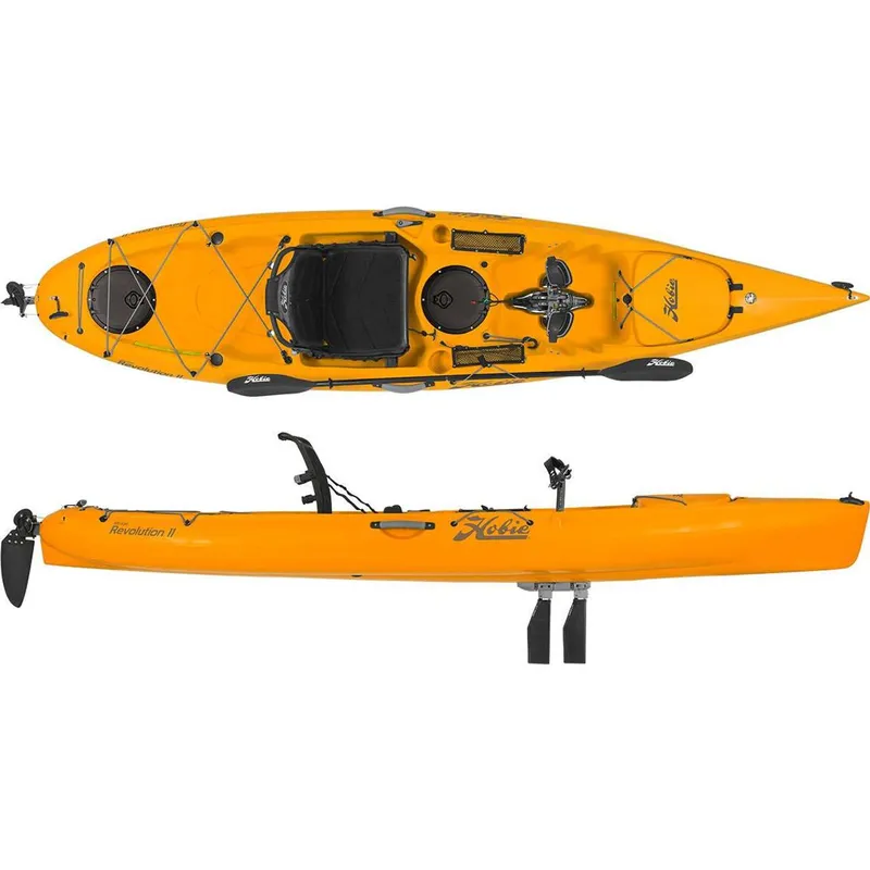 The Image of 2025 Hobie Revolution 11 kayak, bright orange, top and side view, featuring pedal drive system. - 1