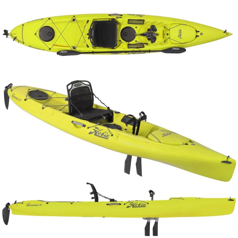 The Image of 2024 Hobie Revolution 13 kayak in vibrant yellow, showcasing top, side, and angled views. - 1