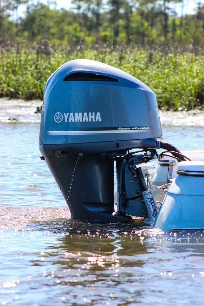 Slide: The Image of Yamaha outboard motor on 2020 BlackJack 256 Bay boat in shallow water. - 7