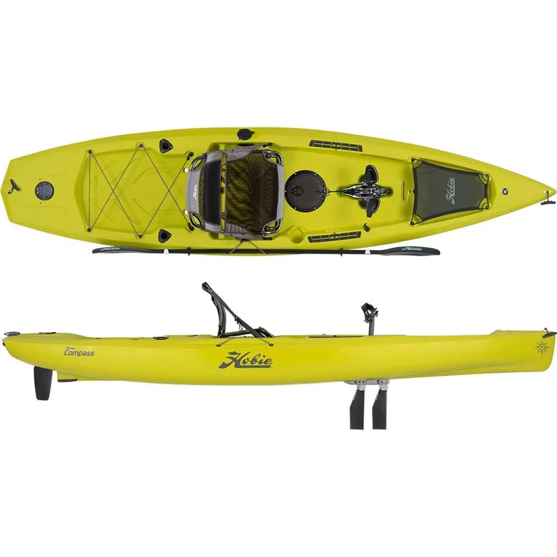 The Image of Yellow 2022 Hobie Compass kayak, top and side views, featuring pedal drive system. - 1