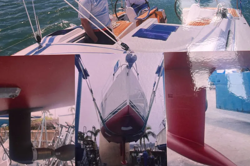 Slide: The Image of 2014 Hanse 345 sailboat collage showing deck, hull, and keel details. - 35