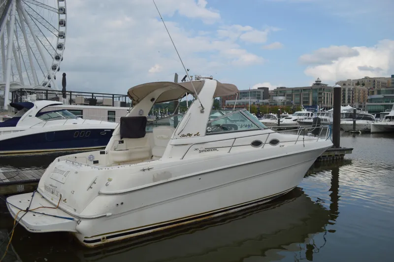Slide: The Image of 1998 Sea Ray 310 Sundancer docked at marina with cityscape and Ferris wheel in background. - 12
