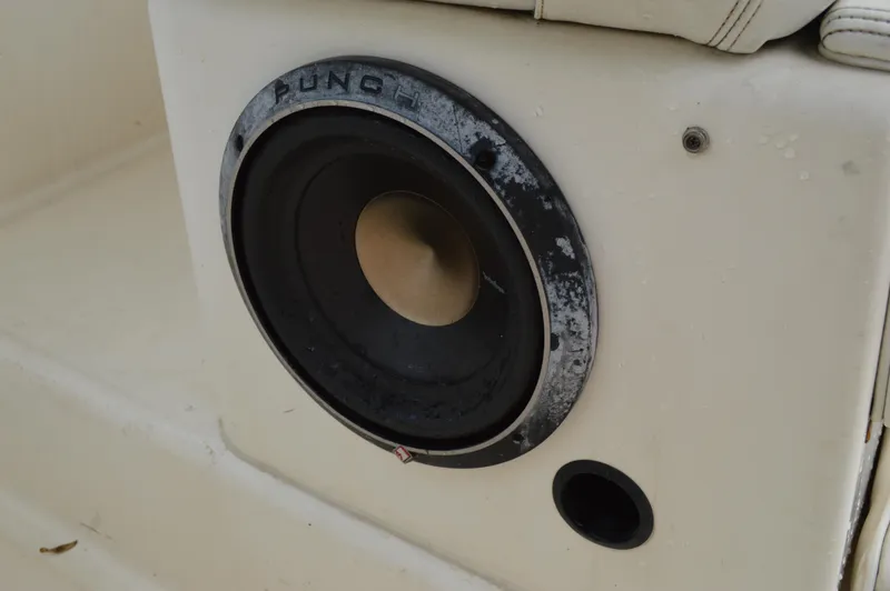 Slide: The Image of Speaker on a 1998 Sea Ray 310 Sundancer boat, featuring a worn "Punch" subwoofer. - 33