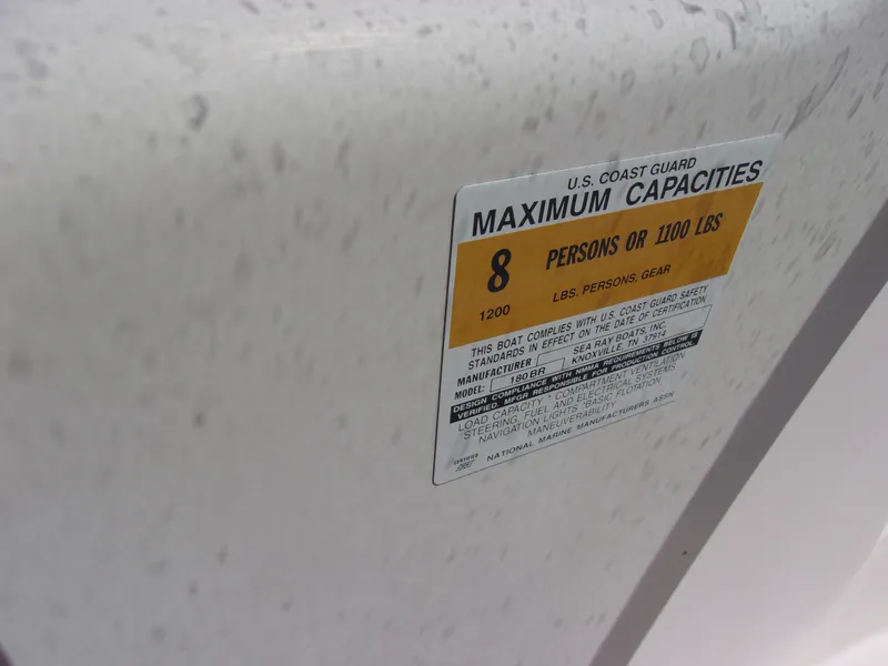 Slide: The Image of Capacity label on 2000 Sea Ray 180 Bow Rider, max 8 persons or 1100 lbs. - 13