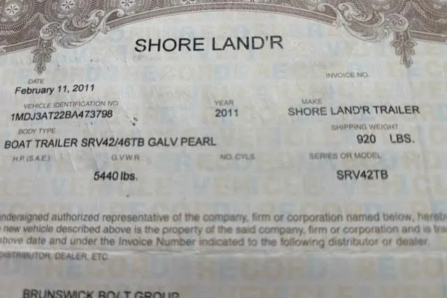 Slide: The Image of Certificate for 2011 Shore Land'r Trailer, model SRV42TB, with 5440 lbs GVWR. - 15