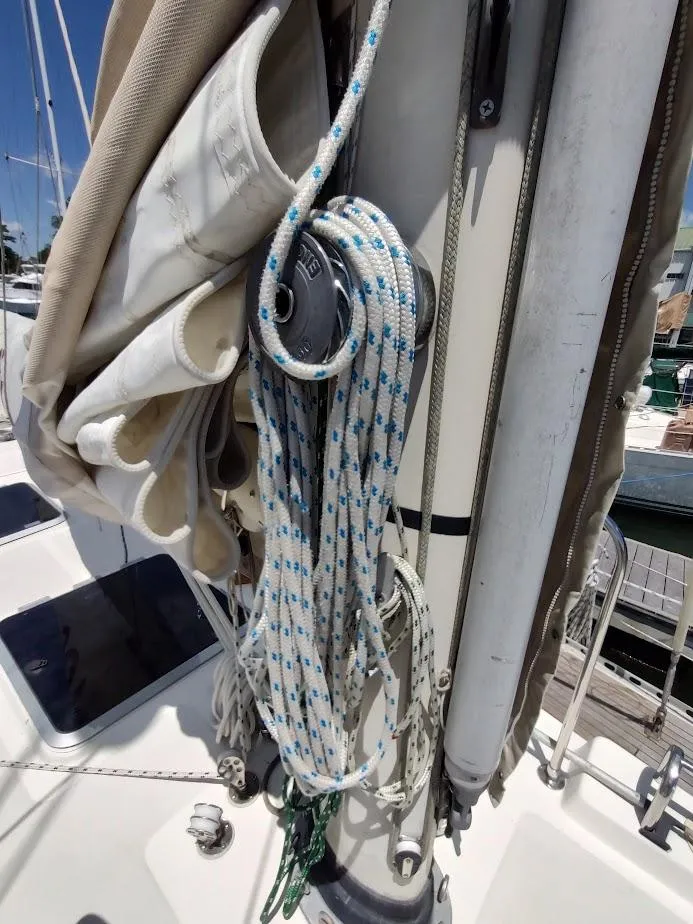 Slide: The Image of Close-up of 1982 Ta Shing Tatoosh 42 sailboat rigging and ropes on deck. - 16